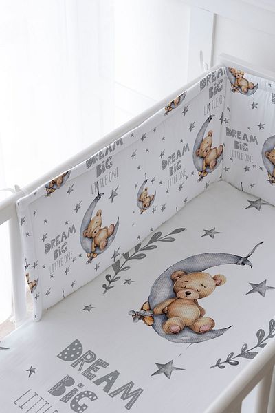 Tuğba Kuğu Baby Bedside Protector and Printed Sheet Sleeping Set - For Baby Series - Sleeping Bear on the Gray Moon