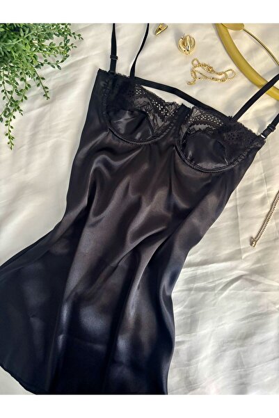 ANDELİNA Saten Dantelli Kısa Gecelik