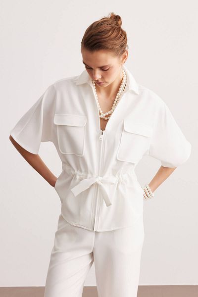 STELLA PULVIS White Zippered Tie Crepe Blouse