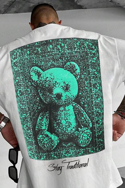 Millionaire Men's Ecru White Traditional Teddy Bear Oversize Fit Loose Quality T-Shirt