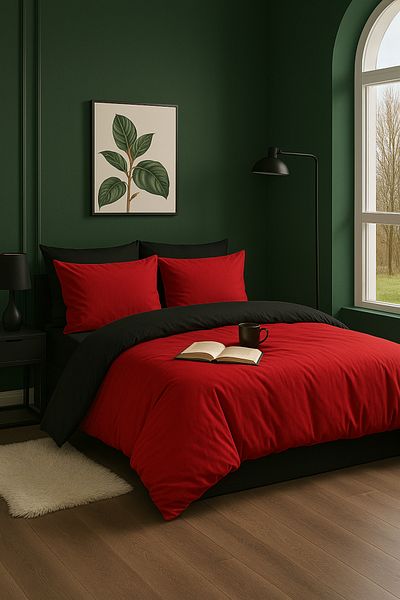 GARDEN ROOM Double Duvet Cover Set with Elastic Sheets Red / Black