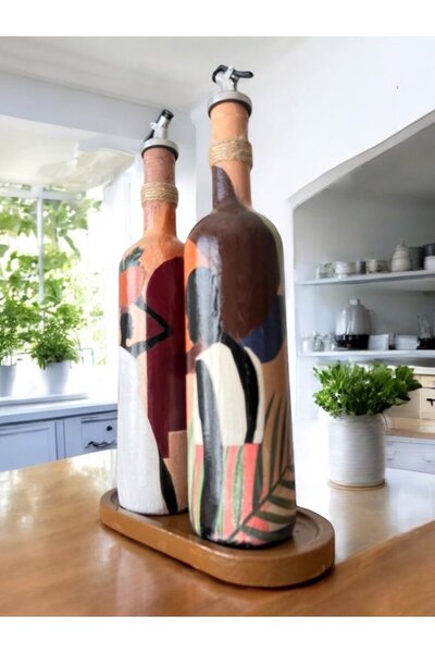 Mes Reves African Women's Themed Handmade 750 ml Olive Oil Liquid Bottle Oil Pot Oil Bottle Set of 2