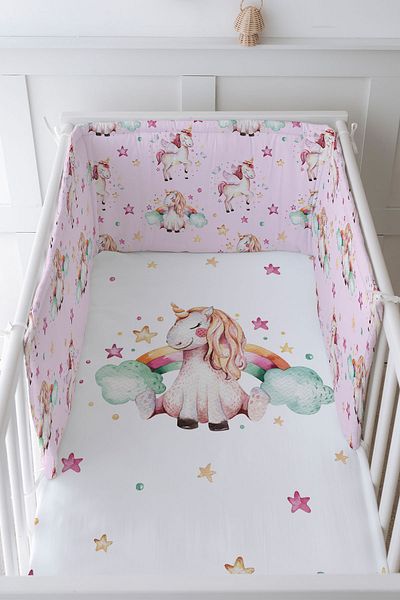 Tuğba Kuğu Baby Bedside Protector and Printed Sheet Sleeping Set - For Baby Series - Rainbow Unicorn
