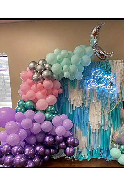 Çemrek Süs Parti Lila Pembe Mint Kuyruklu Deniz Kızı Balon Zinciri seti 101 li