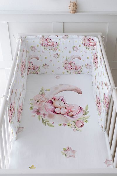 Tuğba Kuğu Baby Bedside Protector and Printed Sheet Sleeping Set - For Baby Series - Unicorn Sleeping on the Moon
