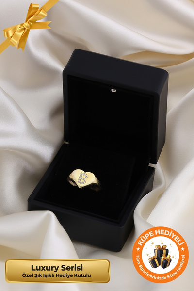 Lucente Jewellery Luxury Serisi Işıklı Hediye Kutulu B Harf 925 Ayar Gümüş Altın Kaplama Ayarlanabilir Harfli Yüzük