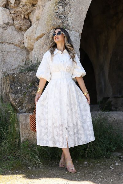 bytugcekaya Ecru Belted Balloon Sleeve Scallop Dress