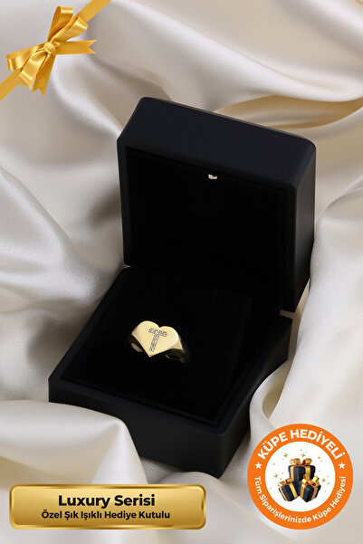 Lucente Jewellery Luxury Serisi Işıklı Hediye Kutulu T Harf 925 Ayar Gümüş Altın Kaplama Ayarlanabilir Harfli Yüzük