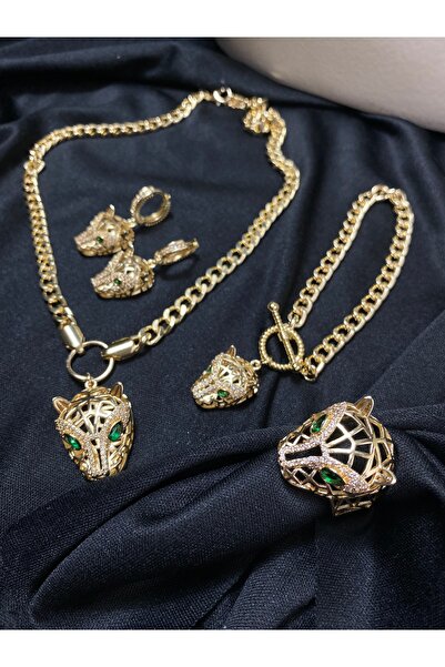 Passionis Jewelry مجموعة رأس الذئب الذهبي مكونة من 4 قلادة وسوار وحلق وخاتم