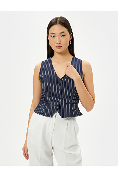 Koton Crop Vest Buttoned Fleto Pocket Slim Fit V-Neck