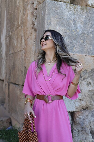 bytugcekaya Pembe Keten Kruvaze Kemerli Standart Beden Elbise