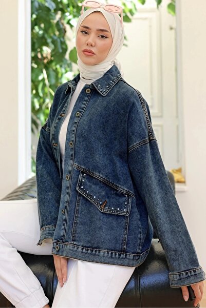 Bestenur Taşlı Kot Ceket 1438 - Koyu Mavi