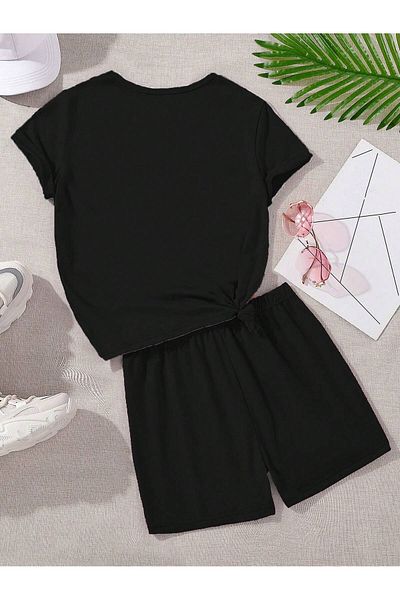 PENTHİLUS Set de tricou și pantaloni scurți cu mânecă scurtă cu imprimeu cu litere de desene animate pentru fete adolescente