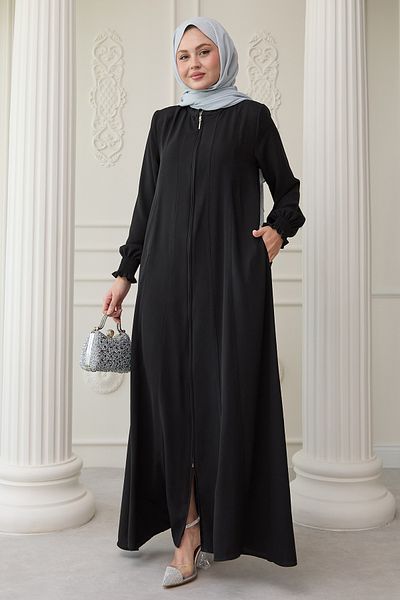 InStyle Black Ferace with Shirred Sleeves and Piping