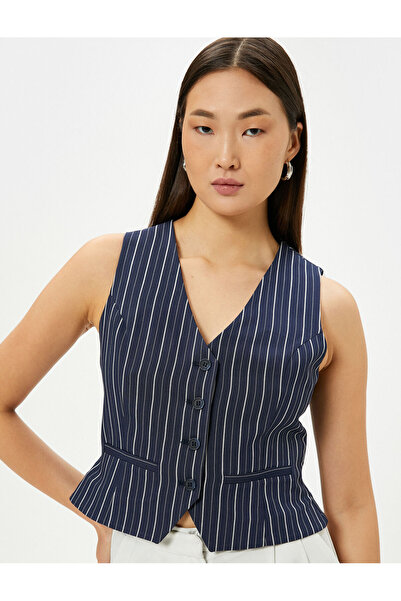 Koton Crop Vest Buttoned Fleto Pocket Slim Fit V-Neck