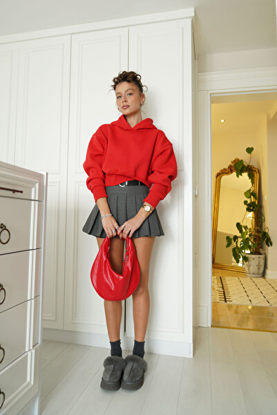 SeninOlsun Gri Kemer Detaylı Pileli Şort Etek