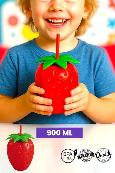 QLUX IDEAS Strawberry Straw Drinker - Flask Red 900 ML