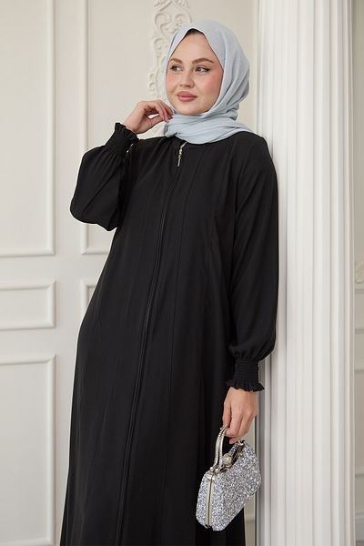 InStyle Black Ferace with Shirred Sleeves and Piping