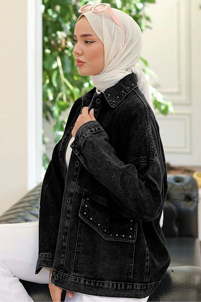 Bestenur Stoned Denim Jacket 1438 - Μαύρο