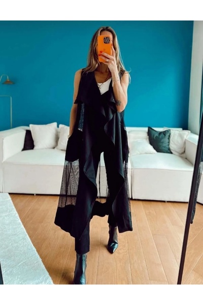 Genel Markalar Bebe Plus Kadın Siyah File Detay Uzun Yelek