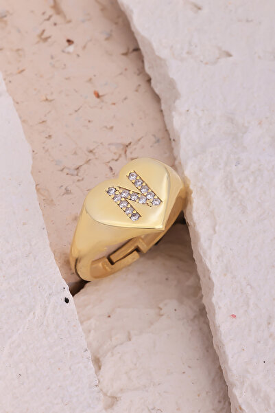 Lucente Jewellery Luxury Serisi Işıklı Hediye Kutulu N Harf 925 Ayar Gümüş Altın Kaplama Ayarlanabilir Harfli Yüzük