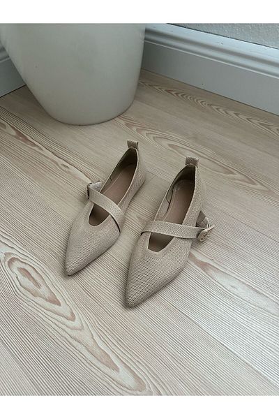 ZİESCE Women's Beige Side Buckle Detail Tricot Ballet Flats