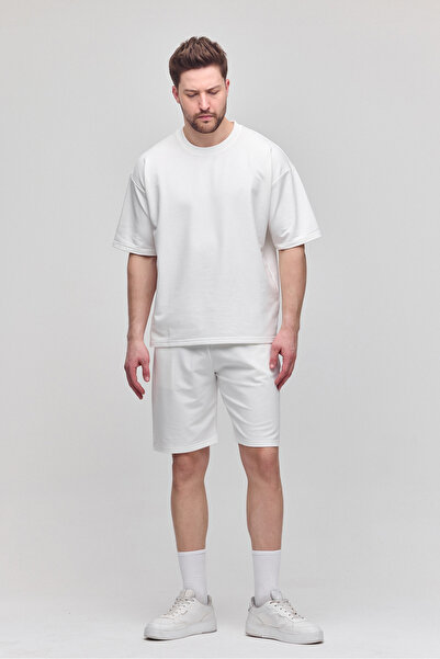 COMBİNE MİCHAİL Erkek 2'li Set Relaxed Fit Rahat Kalıp Yazı Şardonsuz Ekru Eşofman Takımı