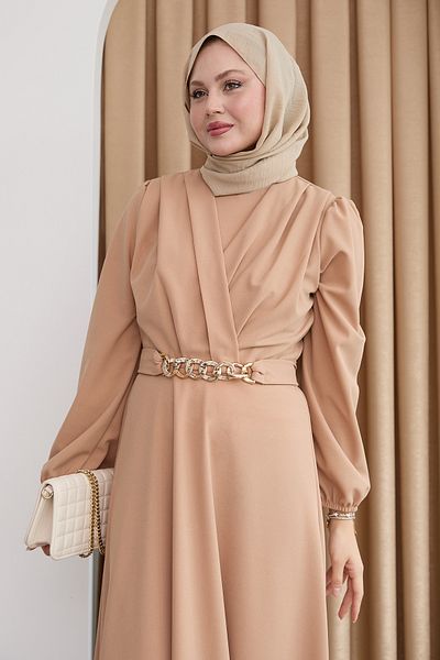 InStyle Φόρεμα Camel με διπλό γιακά με αλυσίδα