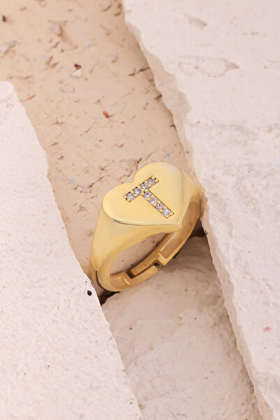 Lucente Jewellery Luxury Serisi Işıklı Hediye Kutulu T Harf 925 Ayar Gümüş Altın Kaplama Ayarlanabilir Harfli Yüzük