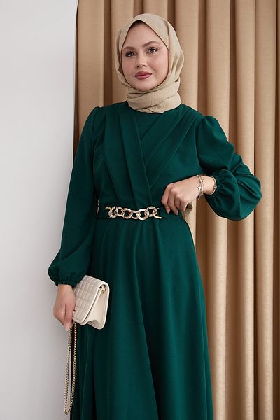 InStyle Double Breasted Collar Chain Belted Emerald Green Dress