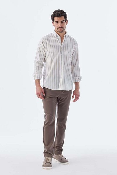 Jakamen Μπεζ Comfort Fit ριγέ βαμβακερό λινό πουκάμισο