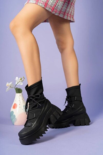 inyola 5073 Kadın Cilt Bağcıklı Dalgıç Kumaş Detaylı Bot