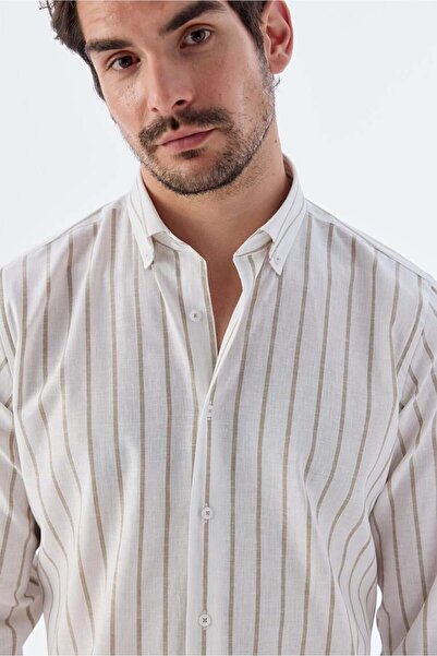 Jakamen Bej Comfort Fit Çizgili Pamuklu Keten Gömlek