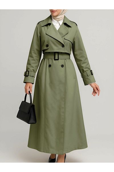 Modamorfo Khaki Color Pleated Skirt and Belt Bolero Trench Coat