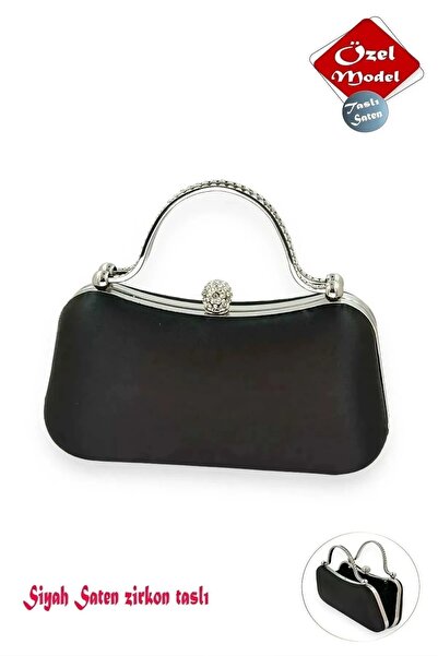 Famels Τσάντα βραδινού φορέματος Μαύρη σατέν ασημί θήκη με πέτρα ζιργκόν Η κο...