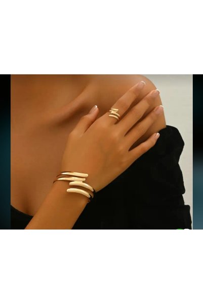 Redhead Gold Renk Asimetrik Bilezik Yüzük Set