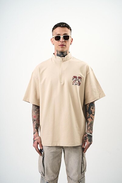 Respire Ανδρικό μπλουζάκι Oversize Beige 22 με στάμπα με μισό φερμουάρ