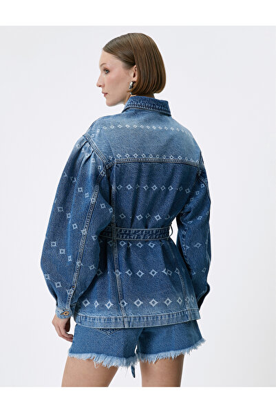 Koton Laser Printed Comfortable Long Denim Jacket - With Belt and Pocket