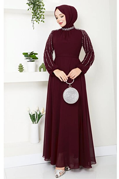 InStyle Burgundy Chiffon Evening Dress with Stones and Sequins on the Sleeves