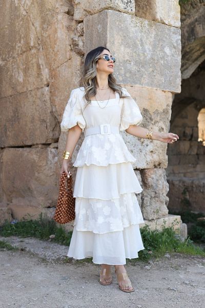 bytugcekaya Μπεζ μπαλόνι μανίκια με ζώνη φόρεμα