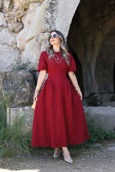 bytugcekaya Burgundy Balloon Sleeve Skirt Gathered Dress