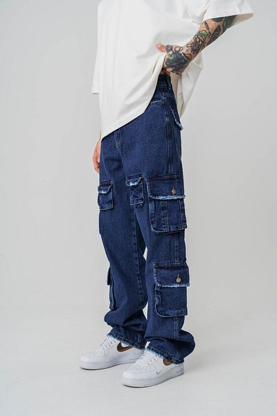 go gang own Pantaloni largi oversize din denim cu buzunar pentru reparator