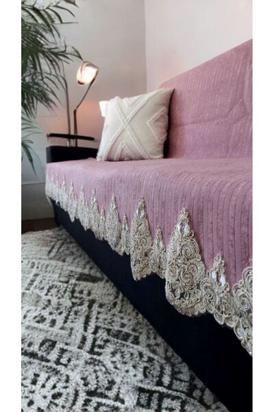 baladı home ev tekstil home collection açık mor Dantelli çekyat koltuk örtüsü Lüks mode Süngerli kaymaz taban kadife çizgili