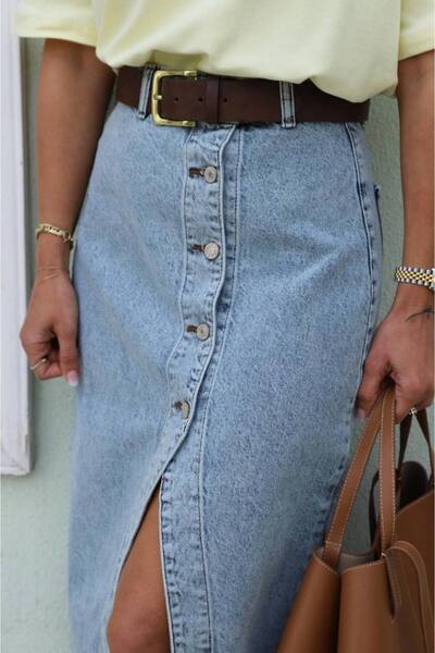 PERA AKSESUAR Kadın yırtmaçlı midi boy düğmeli kot etek