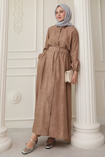 InStyle Πουκάμισο γιακά Ζώνη Απλό Καφέ Φόρεμα