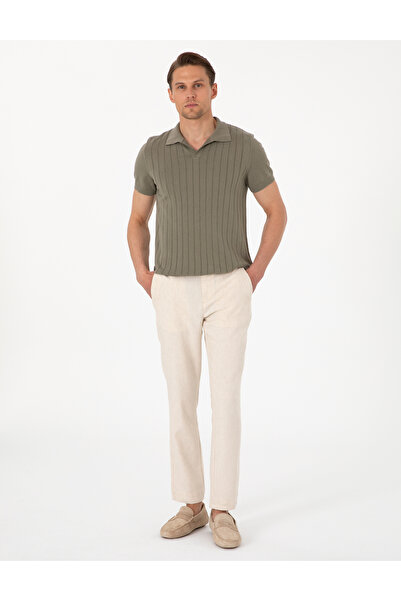 Pierre Cardin Bej Slim Fit Keten Karışımlı Çizgili Kanvas Pantolon 50301754-VR011