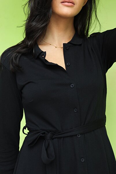 Polo State Γυναικείο μακρύ φόρεμα με γιακά πόλο με κουμπιά μέσης μαύρο