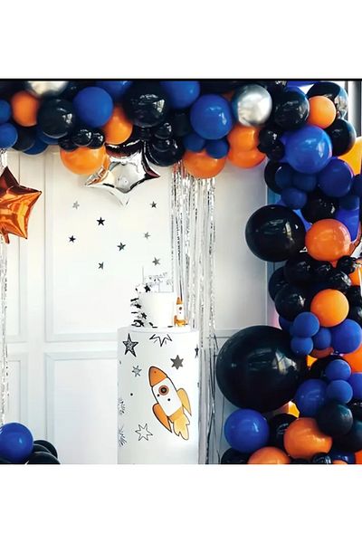 Çemrek Süs Parti Navy Blue Orange Black Silver Chrome Balloon Chain Set 100 Pcs Space Concept