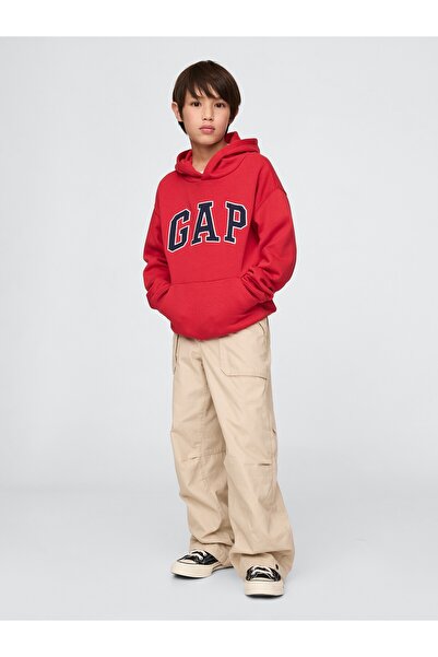 GAP Erkek Çocuk Kırmızı Relaxed Logo Kapüşonlu Sweatshirt