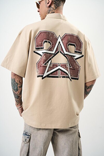 Respire Ανδρικό μπλουζάκι Oversize Beige 22 με στάμπα με μισό φερμουάρ